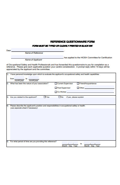 reference questionnaire form