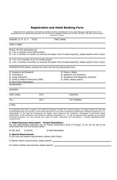 registration and hotel booking form