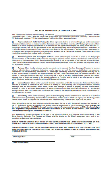 release and waiver of liability form sample