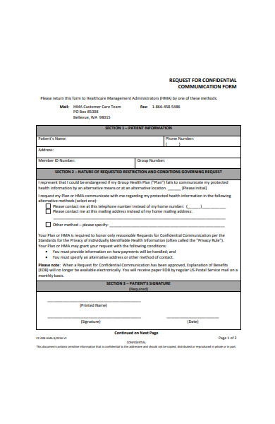 request for confidential communication form