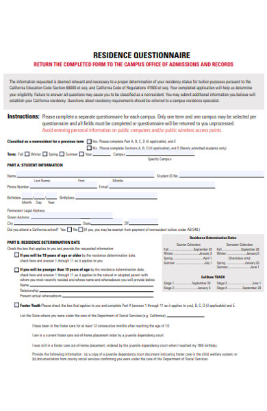 residence questionnaire form