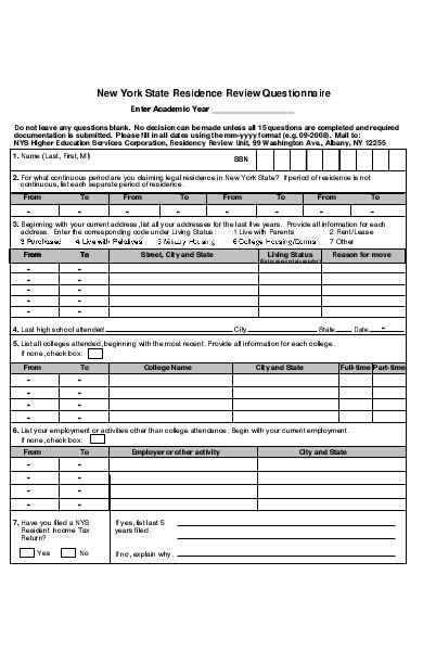 residence review questionnaire form
