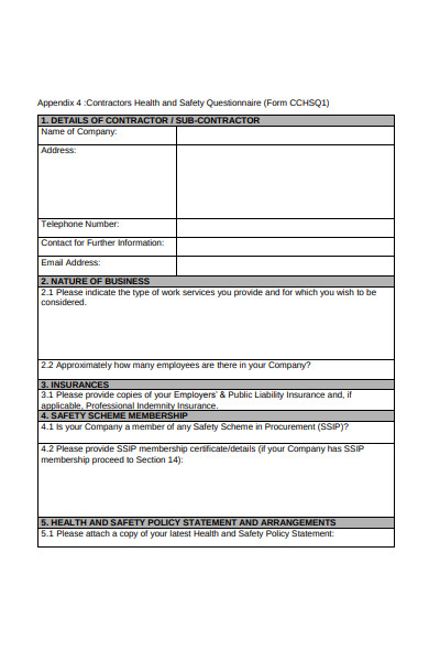 safety questionnaire form