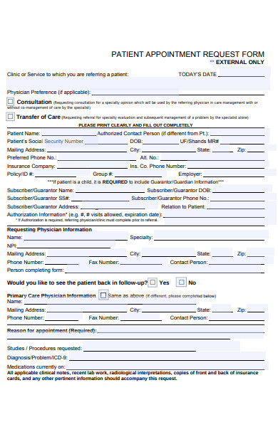 sample patient appointment request form