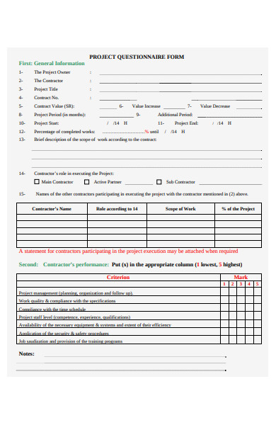 sample project questionnaire form