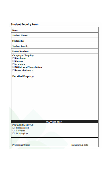 sample student enquiry form