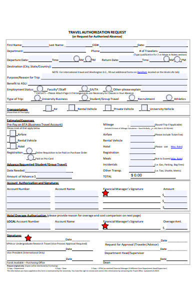 sample travel authorization request form