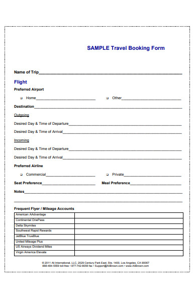 sample travel booking form