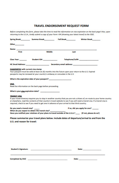 sample travel endorsement request form