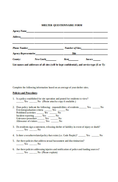 shelter questionnaire form