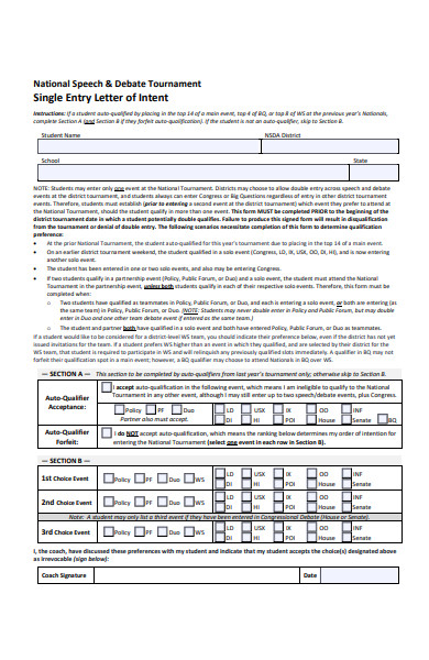 single entry intent letter form