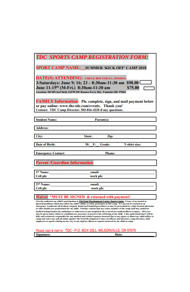 sports camp registration form