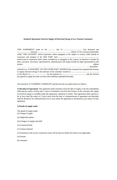 standard agreement form sample