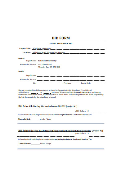 standard bid form