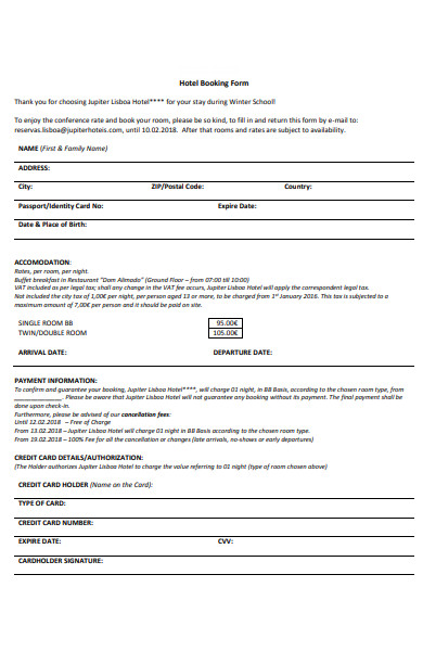 standard hotel booking form