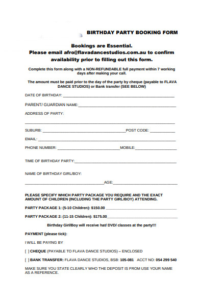 standard photography booking form 