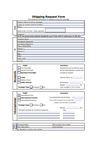 standard shipping request form