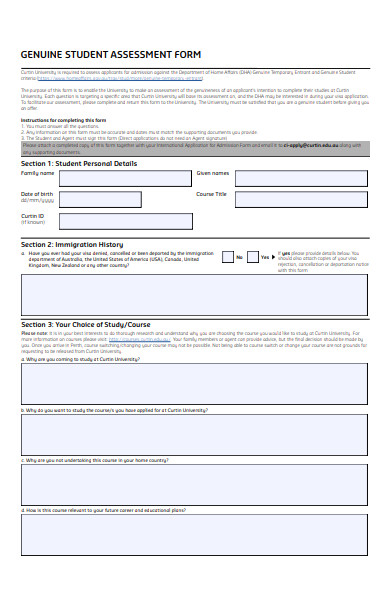 student assessment form