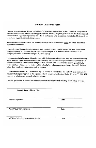 student disclaimer form