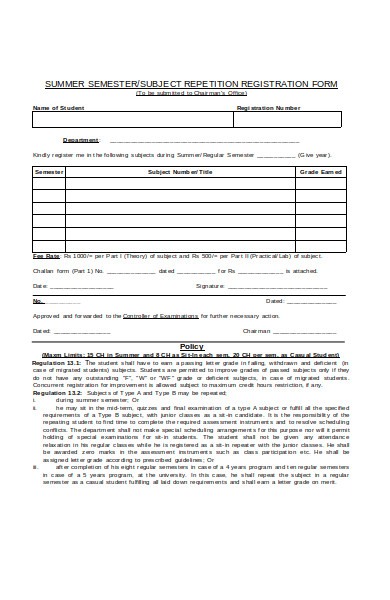 student semester registration form