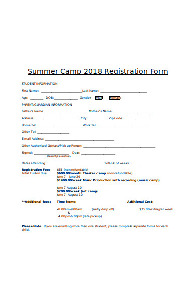 student summer camp registration form
