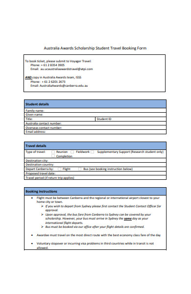 student travel booking form