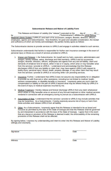 sub contractor waiver form