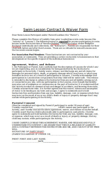 swim lesson contract waiver form