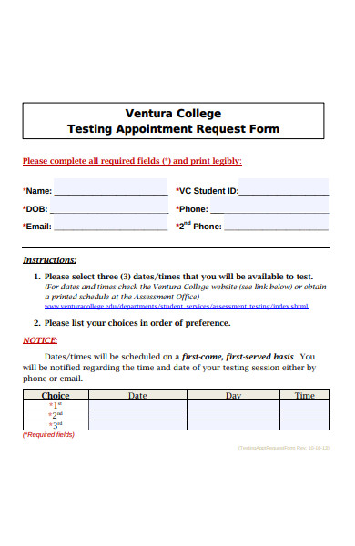 testing appointment request form