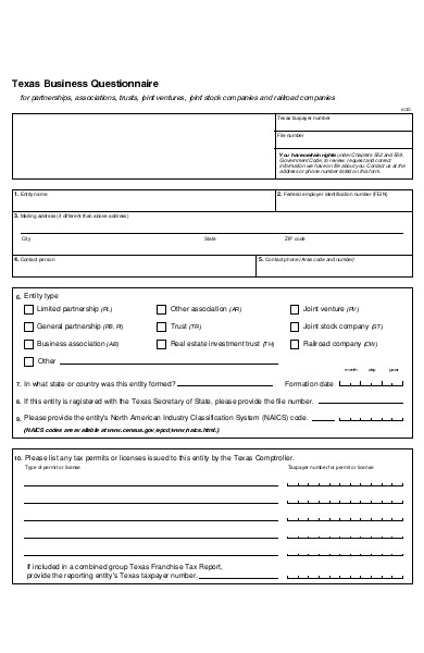 texas business questionnaire form