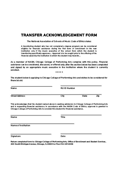 transfer acknowledgement form