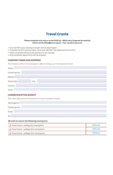 travel grants booking form