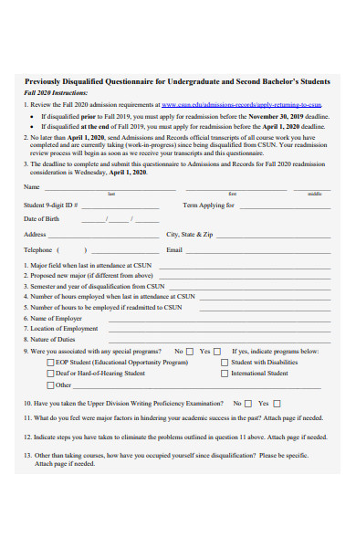 undergraduate disqualified questionnaire form