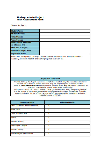 undergraduate project risk assessment form