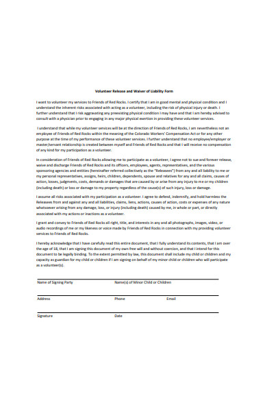 volunteer release and waiver of liability form sample0a