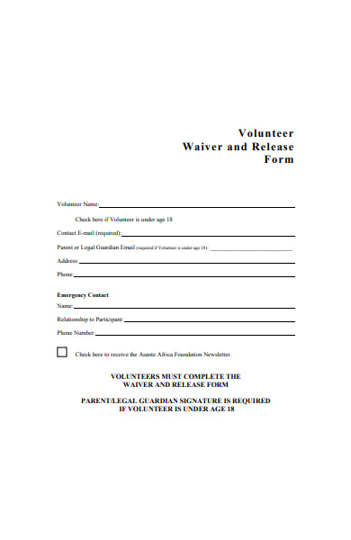 volunteer waiver and release form example