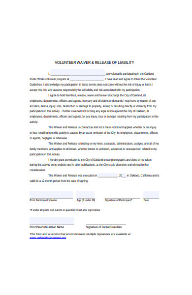 volunteer waiver and release pf liability form