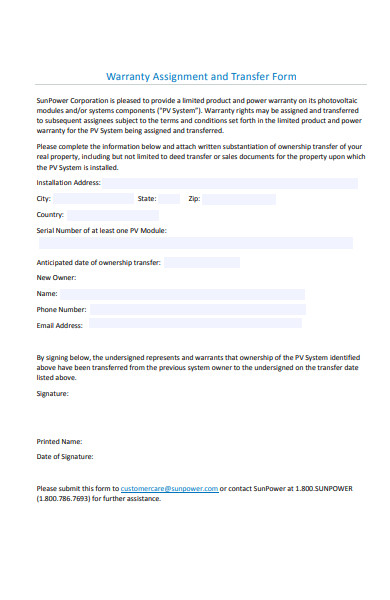 warranty assignment and transfer form