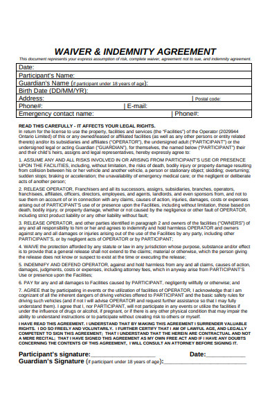 wavier indemnity agreement form