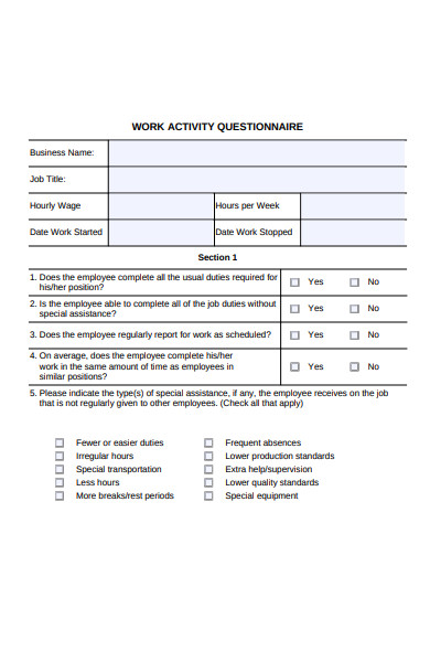 work activity questionnaire form
