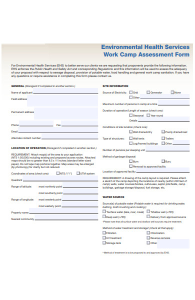 work camp assessment form
