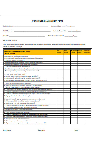 work function assessment form