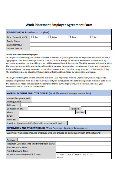 work placement employer agreement form