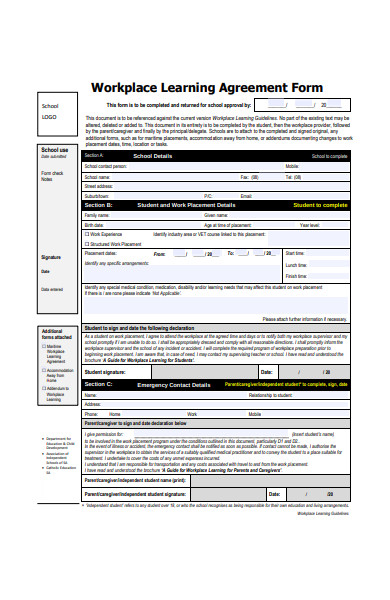 workplace learning agreement form
