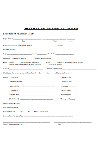 adolescent patient registration form