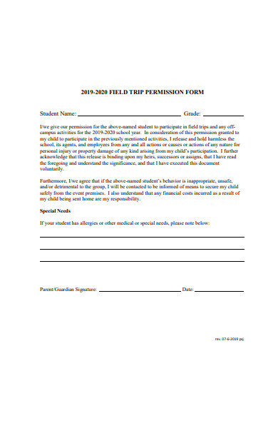 annual field trip permission slip form