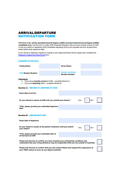 arrival and departure notification form