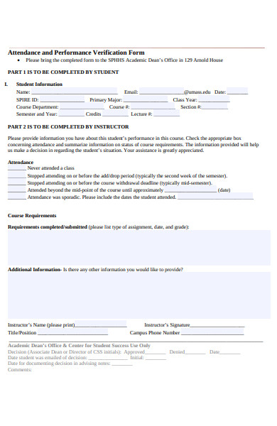 attendance and performance verification form