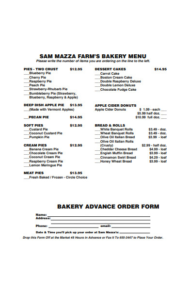 bakery advance order form in pdf