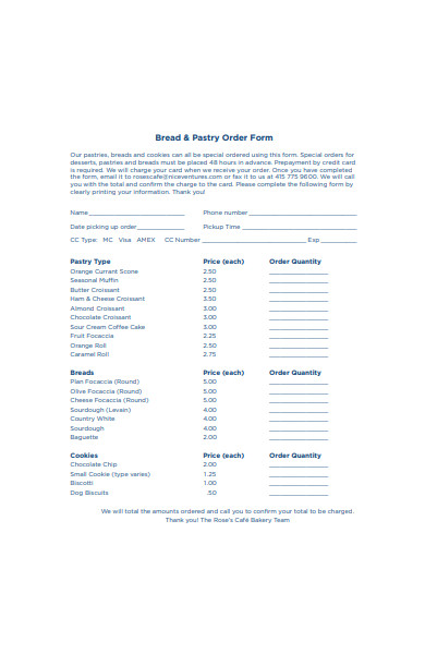 bakery bread and pastry order form
